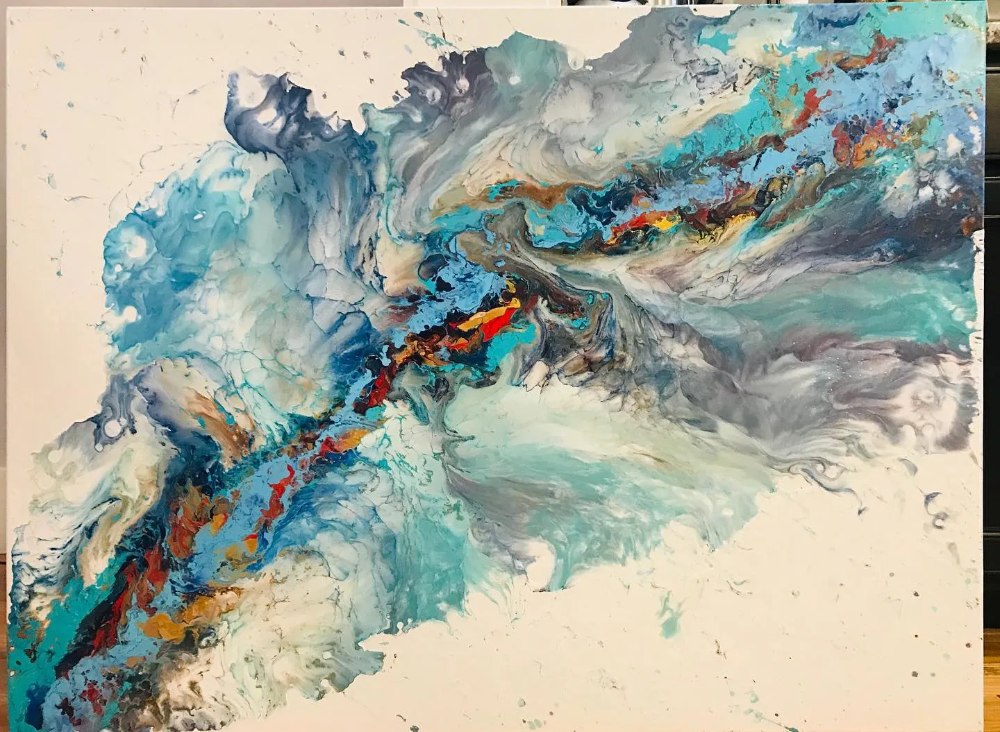 An abstract poured painting. Swirls of turquoise, teal and white run diagonally across the canvas. Streaks of rust, gold or black cross the center, leaving white space at the corners.