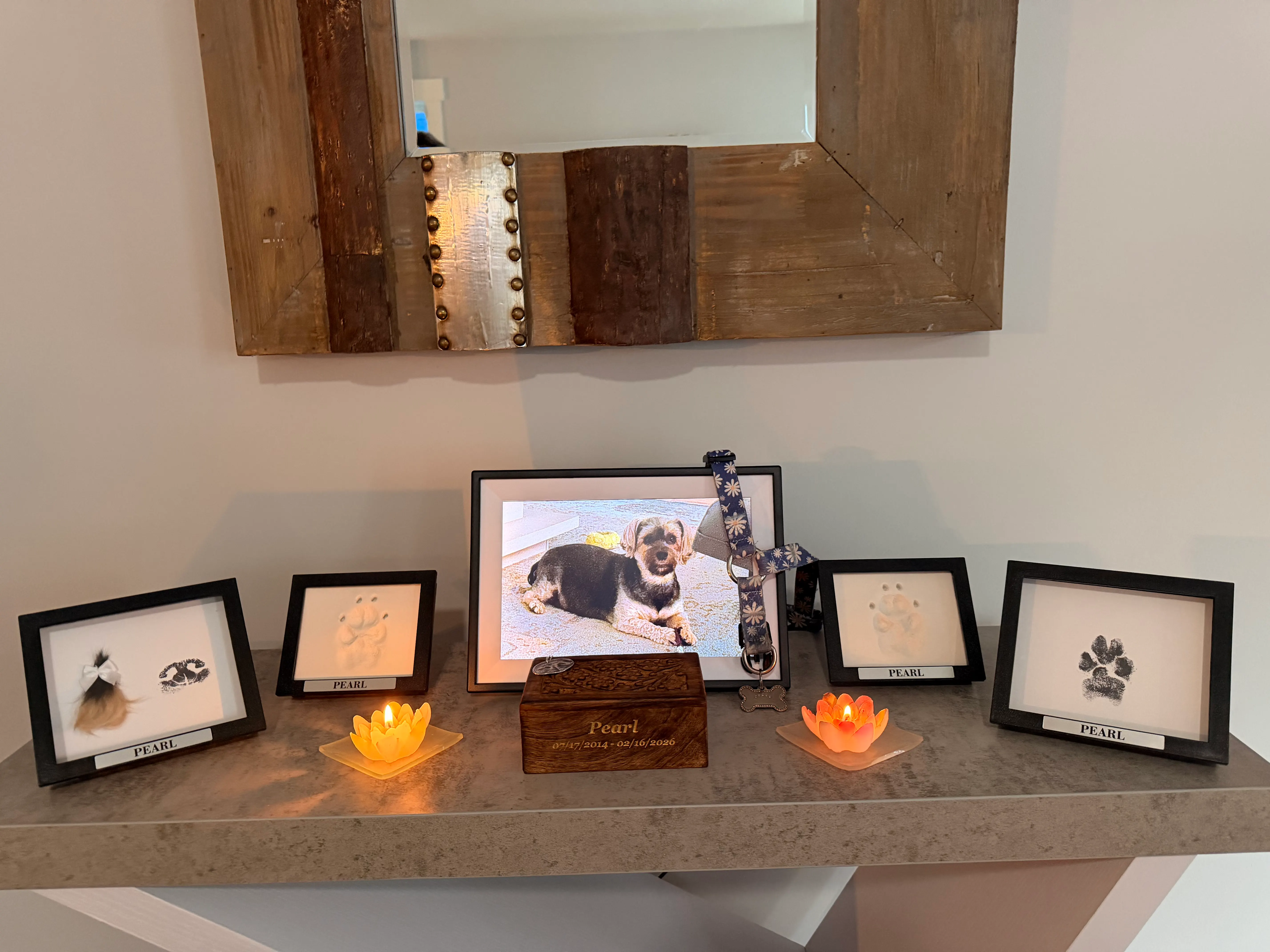 A memorial arrangement on a gray shelf beneath a wooden mirror: a framed photograph of Pearl at the center, a small wooden box, two glowing lotus-shaped candles, framed prints on either side, one showing a paw print.