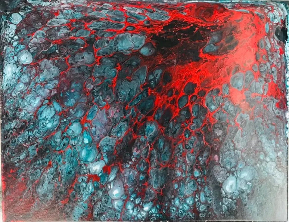 An abstract poured painting of teal, black and silver cells threaded with bright red veins that gather toward the upper right.