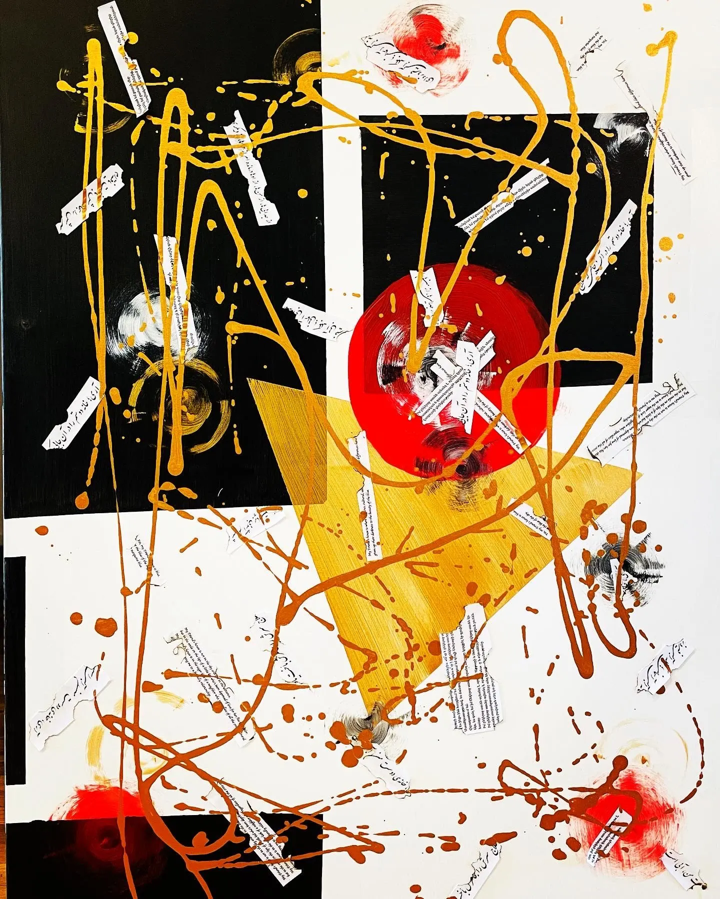 A mixed-media abstract painting of black or white blocks, a large red circle, a gold triangle, all overlaid with looping gold and copper drips. Torn strips of paper printed with Persian script and English text are scattered across the surface.