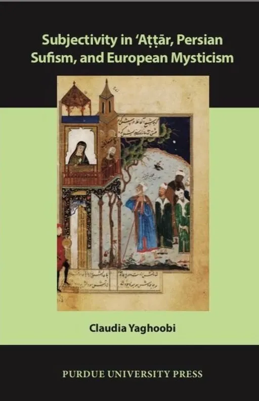Book cover. A Persian miniature painting of figures before a tall building, set on a pale green band between black panels carrying the title, the author’s name and the publisher.